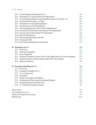 x ✦ Contents
15.3 Console Input and Output in C++ 883
15.4 Formatted v/s Unformatted I/O Operations 884
15.5 Formatting the Output using Member Functions of Class ios 885
15.6 Formatted I/O using ios Flags 889
15.7 Formatted I/O using Manipulators 893
15.8 Creating your Own Manipulator 894
15.9 Passing Arguments to the Custom Manipulator 895
15.10 Character by Character Unformatted I/O Operations 897
15.11 Line by Line Unformatted I/O Operations 900
15.12 File I/O Operations 902
15.13 Performing Operations on File 904
15.14 Closing the File 914
15.15 File Pointer Manipulation Functions 915
16. Templates in C++ 928
16.1 Overview 928
16.2 Function Templates 928
16.3 Class Templates 933
16.4	
Standard Template Library: One of the Applications of Class Templates 937
16.5 Implementation of Stack using Linked List: An Example 959
16.6 Queue using List 964
17. Exception Handling in C++ 969
17.1 Overview 969
17.2 Exception Handler in C++ 970
17.3 throw Keyword 971
17.4 Examples 971
17.5 Order of writing Catch Blocks 981
17.6 Catching and Throwing User-defined Objects 982
17.7 Program Specifying Throw List 986
17.8 C++ Built-in Exception Classes 988
ASCII Values 994
List of Keywords in C++ 998
Software Development Life Cycle 999
Bibliography 1002
 