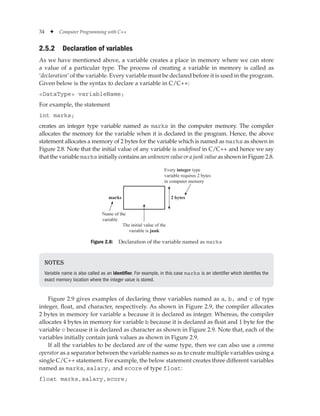 34 ✦ Computer Programming with C++
2.5.2 Declaration of variables
As we have mentioned above, a variable creates a place in memory where we can store
a value of a particular type. The process of creating a variable in memory is called as
‘declaration’ of the variable. Every variable must be declared before it is used in the program.
Given below is the syntax to declare a variable in C/C++:
DataType variableName;
For example, the statement
int marks;
creates an integer type variable named as marks in the computer memory. The compiler
allocates the memory for the variable when it is declared in the program. Hence, the above
statement allocates a memory of 2 bytes for the variable which is named as marks as shown in
Figure 2.8. Note that the initial value of any variable is undefined in C/C++ and hence we say
that the variable marks initially contains an unknown value or a junk value as shown in Figure 2.8.
The initial value of the
variable is junk
Every integer type
variable requires 2 bytes
in computer memory
marks 2 bytes
Name of the
variable
Figure 2.8: Declaration of the variable named as marks
Notes
Variable name is also called as an identifier. For example, in this case marks is an identifier which identifies the
exact memory location where the integer value is stored.
Figure 2.9 gives examples of declaring three variables named as a, b, and c of type
integer, float, and character, respectively. As shown in Figure 2.9, the compiler allocates
2 bytes in memory for variable a because it is declared as integer. Whereas, the compiler
allocates 4 bytes in memory for variable b because it is declared as float and 1 byte for the
variable c because it is declared as character as shown in Figure 2.9. Note that, each of the
variables initially contain junk values as shown in Figure 2.9.
If all the variables to be declared are of the same type, then we can also use a comma
operator as a separator between the variable names so as to create multiple variables using a
single C/C++ statement. For example, the below statement creates three different variables
named as marks, salary, and score of type float:
float marks,salary,score;
 