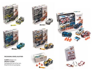 PACKAGING: BOXES, BLISTERS
CLIENT: Modarri LLC
PROJECT SCOPE:
Packaging for line of toy cars.
Retail & Internet packaging.
 