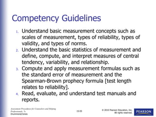Assessment Procedures for Counselors and Helping
Professionals, 7e
Drummond/Jones
© 2010 Pearson Education, Inc.
All rights reserved.
15-55
1. Understand basic measurement concepts such as
scales of measurement, types of reliability, types of
validity, and types of norms.
2. Understand the basic statistics of measurement and
define, compute, and interpret measures of central
tendency, variability, and relationship.
3. Compute and apply measurement formulas such as
the standard error of measurement and the
Spearman-Brown prophecy formula [test length
relates to reliability].
4. Read, evaluate, and understand test manuals and
reports.
Competency Guidelines
 