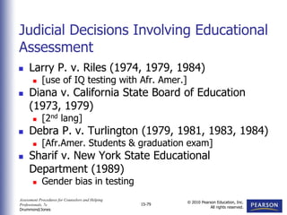 Assessment Procedures for Counselors and Helping
Professionals, 7e
Drummond/Jones
© 2010 Pearson Education, Inc.
All rights reserved.
15-79
 Larry P. v. Riles (1974, 1979, 1984)
 [use of IQ testing with Afr. Amer.]
 Diana v. California State Board of Education
(1973, 1979)
 [2nd lang]
 Debra P. v. Turlington (1979, 1981, 1983, 1984)
 [Afr.Amer. Students & graduation exam]
 Sharif v. New York State Educational
Department (1989)
 Gender bias in testing
Judicial Decisions Involving Educational
Assessment
 