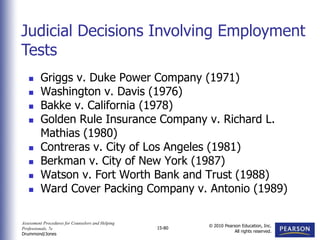 Assessment Procedures for Counselors and Helping
Professionals, 7e
Drummond/Jones
© 2010 Pearson Education, Inc.
All rights reserved.
15-80
 Griggs v. Duke Power Company (1971)
 Washington v. Davis (1976)
 Bakke v. California (1978)
 Golden Rule Insurance Company v. Richard L.
Mathias (1980)
 Contreras v. City of Los Angeles (1981)
 Berkman v. City of New York (1987)
 Watson v. Fort Worth Bank and Trust (1988)
 Ward Cover Packing Company v. Antonio (1989)
Judicial Decisions Involving Employment
Tests
 