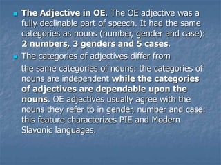  The Adjective in OE. The OE adjective was a
fully declinable part of speech. It had the same
categories as nouns (number, gender and case):
2 numbers, 3 genders and 5 cases.
 The categories of adjectives differ from
the same categories of nouns: the categories of
nouns are independent while the categories
of adjectives are dependable upon the
nouns. OE adjectives usually agree with the
nouns they refer to in gender, number and case:
this feature characterizes PIE and Modern
Slavonic languages.
 