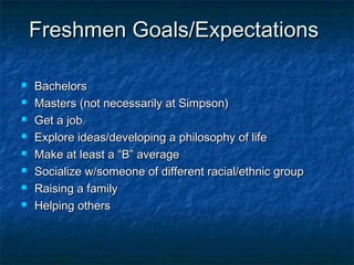 Freshmen Goals/ExpectationsFreshmen Goals/Expectations
 BachelorsBachelors
 Masters (not necessarily at Simpson)Masters (not necessarily at Simpson)
 Get a jobGet a job
 Explore ideas/developing a philosophy of lifeExplore ideas/developing a philosophy of life
 Make at least a “B” averageMake at least a “B” average
 Socialize w/someone of different racial/ethnic groupSocialize w/someone of different racial/ethnic group
 Raising a familyRaising a family
 Helping othersHelping others
 