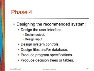 Kendall & Kendall 2005 Pearson Prentice Hall 1-17
Phase 4
• Designing the recommended system:
• Design the user interface.
• Design output.
• Design input.
• Design system controls.
• Design files and/or database.
• Produce program specifications.
• Produce decision trees or tables.
 