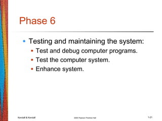 Kendall & Kendall 2005 Pearson Prentice Hall 1-21
Phase 6
• Testing and maintaining the system:
• Test and debug computer programs.
• Test the computer system.
• Enhance system.
 