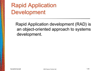 Kendall & Kendall 2005 Pearson Prentice Hall 1-25
Rapid Application
Development
Rapid Application development (RAD) is
an object-oriented approach to systems
development.
 