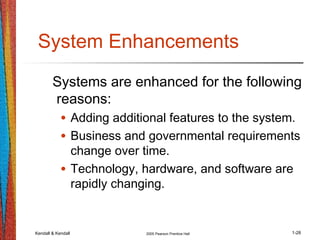 Kendall & Kendall 2005 Pearson Prentice Hall 1-28
System Enhancements
Systems are enhanced for the following
reasons:
• Adding additional features to the system.
• Business and governmental requirements
change over time.
• Technology, hardware, and software are
rapidly changing.
 