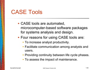 Kendall & Kendall 2005 Pearson Prentice Hall 1-30
CASE Tools
• CASE tools are automated,
microcomputer-based software packages
for systems analysis and design.
• Four reasons for using CASE tools are:
• To increase analyst productivity.
• Facilitate communication among analysts and
users.
• Providing continuity between life cycle phases.
• To assess the impact of maintenance.
 