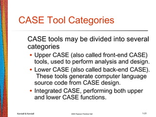 Kendall & Kendall 2005 Pearson Prentice Hall 1-31
CASE Tool Categories
CASE tools may be divided into several
categories
• Upper CASE (also called front-end CASE)
tools, used to perform analysis and design.
• Lower CASE (also called back-end CASE).
These tools generate computer language
source code from CASE design.
• Integrated CASE, performing both upper
and lower CASE functions.
 