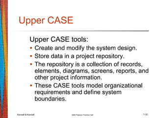 Kendall & Kendall 2005 Pearson Prentice Hall 1-32
Upper CASE
Upper CASE tools:
• Create and modify the system design.
• Store data in a project repository.
• The repository is a collection of records,
elements, diagrams, screens, reports, and
other project information.
• These CASE tools model organizational
requirements and define system
boundaries.
 