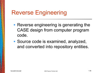Kendall & Kendall 2005 Pearson Prentice Hall 1-36
Reverse Engineering
• Reverse engineering is generating the
CASE design from computer program
code.
• Source code is examined, analyzed,
and converted into repository entities.
 