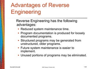 Kendall & Kendall 2005 Pearson Prentice Hall 1-38
Advantages of Reverse
Engineering
Reverse Engineering has the following
advantages:
• Reduced system maintenance time.
• Program documentation is produced for loosely
documented programs.
• Structured programs may be generated from
unstructured, older programs.
• Future system maintenance is easier to
implement.
• Unused portions of programs may be eliminated.
 