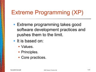 Kendall & Kendall 2005 Pearson Prentice Hall 1-41
Extreme Programming (XP)
• Extreme programming takes good
software development practices and
pushes them to the limit.
• It is based on:
• Values.
• Principles.
• Core practices.
 