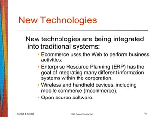 Kendall & Kendall 2005 Pearson Prentice Hall 1-5
New Technologies
New technologies are being integrated
into traditional systems:
• Ecommerce uses the Web to perform business
activities.
• Enterprise Resource Planning (ERP) has the
goal of integrating many different information
systems within the corporation.
• Wireless and handheld devices, including
mobile commerce (mcommerce).
• Open source software.
 