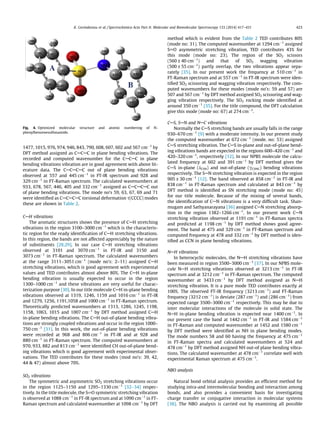 1477, 1015, 976, 974, 946, 843, 790, 608, 607, 602 and 567 cmÀ1
by
DFT method assigned as CACAC in plane bending vibrations. The
recorded and computed wavenumber for the CACAC in plane
bending vibrations vibration are in good agreement with above lit-
erature data. The CACACAC out of plane bending vibrations
observed at 557 and 445 cmÀ1
in FT-IR spectrum and 928 and
329 cmÀ1
in FT-Raman spectrum. The calculated wavenumbers at
933, 678, 567, 446, 405 and 332 cmÀ1
assigned as CACACAC out
of plane bending vibrations. The mode no’s 59, 63, 67, 69 and 71
were identiﬁed as CACACAC torsional deformation s(CCCC) modes
these are shown in Table 2.
CAH vibrations
The aromatic structures shows the presence of CAH stretching
vibrations in the region 3100–3000 cmÀ1
which is the characteris-
tic region for the ready identiﬁcation of CAH stretching vibrations.
In this region, the bands are not affected appreciably by the nature
of substituents [28,29]. In our case CAH stretching vibrations
observed at 3101 and 3070 cmÀ1
in FT-IR and 3150 and
3073 cmÀ1
in FT-Raman spectrum. The calculated wavenumbers
at the range 3111–3051 cmÀ1
(mode no’s: 2–11) assigned CAH
stretching vibrations, which is good agreement with experimental
values and TED contributes almost above 80%. The CAH in-plane
bending vibration is usually expected to occur in the region
1300–1000 cmÀ1
and these vibrations are very useful for charac-
terization purpose [30]. In our title molecule CAH in-plane bending
vibrations observed at 1319, 1246, 1159 and 1016 cmÀ1
in FT-IR
and 1279, 1256, 1191,1058 and 1000 cmÀ1
in FT-Raman spectrum.
Theoretically predicted wavenumbers at 1313, 1286, 1245, 1198,
1158, 1063, 1015 and 1007 cmÀ1
by DFT method assigned CAH
in-plane bending vibrations. The CAH out-of-plane bending vibra-
tions are strongly coupled vibrations and occur in the region 1000–
750 cmÀ1
[31]. In this work, the out-of-plane bending vibrations
were recorded at 968 and 806 cmÀ1
in FT-IR and at 928 and
880 cmÀ1
in FT-Raman spectrum. The computed wavenumbers at
970, 933, 882 and 813 cmÀ1
were identiﬁed CH out-of-plane bend-
ing vibrations which is good agreement with experimental obser-
vations. The TED contributes for these modes (mod no’s: 39, 42,
44  47) almost above 70%.
SO2 vibrations
The symmetric and asymmetric SO2 stretching vibrations occur
in the region 1125–1150 and 1295–1330 cmÀ1
[32–34] respec-
tively. In the title molecule, the S@O symmetric stretching vibration
is observed at 1088 cmÀ1
in FT-IR spectrum and at 1090 cmÀ1
in FT-
Raman spectrum and calculated wavenumber at 1098 cmÀ1
by DFT
method which is evident from the Table 2 TED contributes 80%
(mode no: 31). The computed wavenumber at 1294 cmÀ1
assigned
S@O asymmetric stretching vibration, TED contributes 43% for
this mode (mode no: 23). The region of the SO2 scissors
(560 ± 40 cmÀ1
) and that of SO2 wagging vibration
(500 ± 55 cmÀ1
) partly overlap, the two vibrations appear sepa-
rately [35]. In our present work the frequency at 510 cmÀ1
in
FT-Raman spectrum and at 557 cmÀ1
in FT-IR spectrum were iden-
tiﬁed SO2 scissoring and wagging vibration respectively. The com-
puted wavenumbers for these modes (mode no’s: 59 and 57) are
507 and 567 cmÀ1
by DFT method assigned SO2 scissoring and wag-
ging vibration respectively. The SO2 rocking mode identiﬁed at
around 350 cmÀ1
[35]. For the title compound, the DFT calculation
give this mode (mode no: 67) at 274 cmÀ1
.
CAS, SAN and NAC vibrations
Normally the CAS stretching bands are usually falls in the range
930–670 cmÀ1
[9] with a moderate intensity. In our present study
the computed wavenumber at 672 cmÀ1
(mode. no: 53) assigned
CAS stretching vibration. The CAS in-plane and out-of-plane bend-
ing vibrations bands are expected in the regions 600–420 cmÀ1
and
420–320 cmÀ1
, respectively [12]. In our NPBS molecule the calcu-
lated frequency at 602 and 391 cmÀ1
by DFT method gives the
CAS in-plane (dCSN) and out-of-plane (cCSNC) bending vibrations
respectively. The SAN stretching vibration is expected in the region
905 ± 30 cmÀ1
[12]. The band observed at 858 cmÀ1
in FT-IR and
838 cmÀ1
in FT-Raman spectrum and calculated at 843 cmÀ1
by
DFT method is identiﬁed as SN stretching mode (mode no: 45)
for our title molecule. Because of the mixing of several bands,
the identiﬁcation of CAN vibrations is a very difﬁcult task. Shan-
mugam and Sathyanarayana [36] assigned CAN stretching absorp-
tion in the region 1382–1266 cmÀ1
. In our present work CAN
stretching vibration observed at 1191 cmÀ1
in FT-Raman spectra
and predicted at 1198 cmÀ1
by DFT method shows good agree-
ment. The band at 475 and 329 cmÀ1
in FT-Raman spectrum and
computed frequency at 478 and 332 cmÀ1
by DFT method is iden-
tiﬁed as CCN in plane bending vibrations.
NAH vibrations
In heterocyclic molecules, the NAH stretching vibrations have
been measured in region 3500–3000 cmÀ1
[37]. In our NPBS mole-
cule NAH stretching vibrations observed at 3213 cmÀ1
in FT-IR
spectrum and at 3212 cmÀ1
in FT-Raman spectrum. The computed
wavenumber at 3433 cmÀ1
by DFT method assigned as NAH
stretching vibration. It is a pure mode TED contributes exactly at
100%. The observed FT-IR frequency (3213 cmÀ1
) and FT-Raman
frequency (3212 cmÀ1
) is deviate (287 cmÀ1
) and (286 cmÀ1
) from
expected range 3500–3000 cmÀ1
respectively. This may be due to
inter molecular interactions of the molecule in solid state. The
NAH in-plane bending vibration is expected near 1400 cmÀ1
. In
our present case the band at 1442 cmÀ1
in FT-IR and 1584 cmÀ1
in FT-Raman and computed wavenumber at 1452 and 1580 cmÀ1
by DFT method were identiﬁed as NH in plane bending modes.
The mode numbers 58 and 60 having the frequency at 475 cmÀ1
in FT-Raman spectra and calculated wavenumbers at 524 and
478 cmÀ1
by DFT method assigned NH out-of plane bending vibra-
tions. The calculated wavenumber at 478 cmÀ1
correlate well with
experimental Raman spectrum at 475 cmÀ1
.
NBO analysis
Natural bond orbital analysis provides an efﬁcient method for
studying intra-and intermolecular bonding and interaction among
bonds, and also provides a convenient basis for investigating
charge transfer or conjugative interaction in molecular systems
[38]. The NBO analysis is carried out by examining all possible
Fig. 4. Optimized molecular structure and atomic numbering of N-
phenylbenzenesulfonamide.
K. Govindarasu et al. / Spectrochimica Acta Part A: Molecular and Biomolecular Spectroscopy 133 (2014) 417–431 423
 