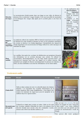 Détection
de visages
La reconnaissance faciale permet, dans une image ou une vidéo, de détecter la
présence d'un ou plusieurs visages humains. Il est aussi possible de reconnaitre
et de distinguer des visages déjà appris par le système grâce à une base de
données.
des applications de
télé-surveillance ;
de l'indexation
d'images dans des
bases de données
d'images ;
permettre à des
robots d’interagir
avec des humains
(détection de
présence,
évaluation de l'âge,
du sexe, de
l'expression faciale,
de la direction du
regard,...).
Imagerie
par
résonance
magnétique
Les médecins utilisent des machines IRM en forme de tunnel pour avoir un aperçu
de l'intérieur du corps humain.Le principe est basé sur les propriétés quantiques
des atomes en réponse à un champ magnétique. L'interprétation des signaux du
champ magnétique et la reconstruction de l'image utilisent les outils classiques de
traitement du signal.
Photo
satellite
Les satellites font partie des systèmes de télédétection qui permettent d'acquérir
des informations sur un système physique sans contact. Ils utilisent les
rayonnements électromagnétiques sur une large bande passante (multi- and
hyperspectral imaging) pour créer des images de la surface terrestre. Elles
permettent par exemple de détecter automatiquement la présence de minerais, de
forêts, de zones habitables ou de tirer des informations sur les fonds marins.
Traitement audio
Fonction Résumé Exemple
Chaîne Hi-Fi
Voilà un objet commun de notre vie culturelle depuis des dizaines
d'années ! La conception des systèmes électroniques de la
chaîne (égaliseur, filtre, étage d'amplification,...) font appel à des
notions de traitement du signal pour pouvoir manipuler de la
meilleure façon les signauxaudios.
Reconnaissance
de la parole
L'objectif est simple mais la tâche est ardue. L'idée est de créer
des systèmes capables d'identifier les mots et les phrases d'un
discours humain pour ensuite créer des commandes vocales,
donner à des robots des facultés auditives, etc.
Allez sur une vidéo Youtube. Si vous
cliquez sur l'onglet CC puis "transcrire
la piste audio", vous verrez s'afficher
des sous-titres qui sont générés par le
système de reconnaissance vocale de
Google.
Vous pouvez aller tester quelques
Partie 1 : Exorde 10/34
www.openclassrooms.com
 