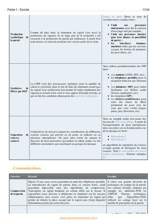 Production
synthétique de
la parole
Comme dit plus haut, le traitement du signal c'est aussi la
production de signaux. Et un large pan de la recherche a été
consacré à la production de parole par ordinateur. À partir d'un
texte donné, on tente de produire une version audio de ce texte.
démos en ligne. Sinon ce type de
système trouve sa place dans :
l'aide aux personnes
malvoyantes pour lire le contenu
d'une page web par exemple ;
l'aide aux personnes muettes
pour leur donner la possibilité
de parler ;
les interfaces hommes-
machines telles que les serveurs
vocaux, les bornes de paiement,
les jeuxvidéos, etc.
Synthèses de
filtres par DSP
Les DSP sont des processeurs optimisés pour la rapidité de
calcul et construits dans le but de faire du traitement numérique
du signal. Leur architecture leur permet de traiter rapidement des
signauxen restant à bas coût et sans apport d'énergie énorme, ce
qui en fait des candidats idéauxpour des systèmes embarqués.
Vous utilisez quotidiennement des DSP
dans :
vos modems (ADSL, RTC, etc) ;
les téléphones portables pour la
réception/émission par l'antenne
;
vos baladeurs MP3 pour traiter
facilement vos fichiers audio
(lecture, égalisation, etc) ;
les récepteurs GPS ;
les claviers-synthétiseurs pour
créer des bancs de filtres
permettant de jouer tous les
sons que vous voulez (orgue,
piano, jazz, distortion, etc).
Séparation de
sources
sonores
L'objectif est de réussir à séparer les contributions de différentes
sources sonores qui arrivent en un point, en utilisant un ou
plusieurs microphones. On peut ainsi tenter de séparer le
discours de deux personnes qui parlent en même temps, ou des
différents instruments qui constituent un groupe de musique.
Voici un exemple audio provenant des
travauxdu CNL à San Diego. À partir de
l'enregistrement de deux microphones
dans une pièce où un homme parle avec
de la musique en fond :
Microphone 1
Microphone 2
un algorithme de séparation de sources
aveugle permet de distinguer les deux
sources. Voici la voix extraite des pistes
audios précédentes. D'autres exemples
ici.
Communications
Fonction Résumé Exemple
Compression
de la parole
Depuis 15 ans, nous avons quasiment en main des téléphones portable.
La transmission du signal de parole, dans sa version brute, serait
quasiment impossible sans des algorithmes de compression.
Transmettre un signal demande un certain débit sur le réseau. Si
aujourd'hui, nous arrivons à téléphoner en simultané sur les réseaux
téléphoniques sans soucis, c'est grâce au traitement du signal qui
permet de réduire la place occupé par le signal sans (trop) dégrader
l'information portée par notre discours.
Il existe une grande diversité de
techniques de codage de la parole.
Les codeurs d'ondes, utilisant par
exemple les méthodes PCM ou
ADPCM. D'autres techniques,
telles que l'algorithme CELP,
utilisent un codage basé sur le
modèle de perception de la parole.
Image : JPEG, JPEG2000,
Partie 1 : Exorde 11/34
www.openclassrooms.com
 