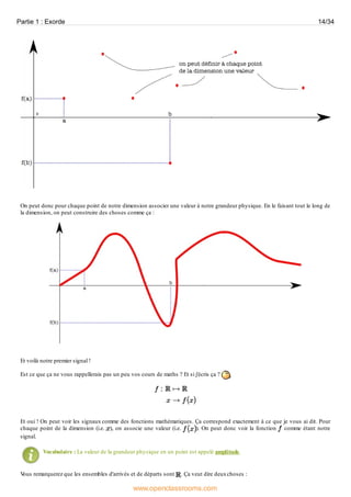 On peut donc pour chaque point de notre dimension associer une valeur à notre grandeur physique. En le faisant tout le long de
la dimension, on peut construire des choses comme ça :
Et voilà notre premier signal !
Est ce que ça ne vous rappellerais pas un peu vos cours de maths ? Et si j'écris ça ?
Et oui ! On peut voir les signaux comme des fonctions mathématiques. Ça correspond exactement à ce que je vous ai dit. Pour
chaque point de la dimension (i.e. ), on associe une valeur (i.e. ). On peut donc voir la fonction comme étant notre
signal.
Vocabulaire : La valeur de la grandeur physique en un point est appelé amplitude.
Vous remarquerez que les ensembles d'arrivés et de départs sont . Ça veut dire deuxchoses :
Partie 1 : Exorde 14/34
www.openclassrooms.com
 