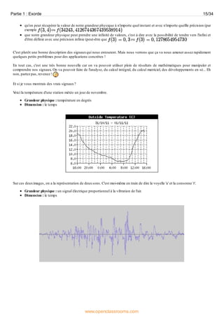 qu'on peut récupérer la valeur de notre grandeur physique à n'importe quel instant et avec n'importe quellle précision (par
exemple ou
que notre grandeur physique peut prendre une infinité de valeurs, c'est à dire avec la possibilité de tendre vers l'infini et
d'être définie avec une précision infinie (peut-être que ou
C'est plutôt une bonne description des signauxqui nous entourent. Mais nous verrons que ça va nous amener assez rapidement
quelques petits problèmes pour des applications concrètes !
En tout cas, c'est une très bonne nouvelle car on va pouvoir utiliser plein de résultats de mathématiques pour manipuler et
comprendre nos signaux. On va pouvoir faire de l'analyse, du calcul intégral, du calcul matriciel, des développements en sé... Eh
non, partez pas, revenez !
Et si je vous montrais des vrais signaux?
Voici la température d'une station météo un jour de novembre.
Grandeur physique : température en degrés
Dimension : le temps
Sur ces deuximages, on a la représentation de deuxsons. C'est moi-même en train de dire la voyelle 'a' et la consonne 'r'.
Grandeur physique : un signal électrique proportionnel à la vibration de l'air.
Dimension : le temps
Partie 1 : Exorde 15/34
www.openclassrooms.com
 