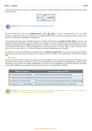 toutes les contributions des points sans moyenner le résultat par la durée du phénomène. L'énergie s'écrit de façon plus simple
que la puissance :
Question : Quels sont les caractéristiques énergétique des signaux?
On peut estimer que le signal est à amplitude bornée si . Ca correspond bien sûr à une réalité
physique, il serait absurde de voir un point ayant une amplitude infinie et donc une puissance instantané infinie autrement que
pour une considération de modélisation mathématique.
Nous distinguerons deux autres ensembles de signaux. Le premier rassemble tout les signaux à énergie infinie. C'est le cas par
exemple des signaux périodiques qui sont définis sur un support non borné. Intégrer la puissance instantané qui est une
fonction toujours positive sur tout fait tendre l'énergie vers l'infini. Ils ont aussi la caractéristique d'être à puissance moyenne
non nulle. Ça n'a bien sûr pas de sens physiquement (un système qui produit une énergie infinie, ça ferait longtemps qu'on
aurait éteint toutes les centrales...). Ça montre la limitation du modèle mathématique face à la réalité.
Le deuxième est donc, par contraposée, la réunion de tous les signaux à énergie finie. Ils ont aussi la caractéristique d'être à
puissance moyenne nulle. Tous les signaux de la vie réelle, qui sont tous définis sur un support borné, sont bien sûr à énergie
finie.
Résumé
Pour finir ce chapitre haut en couleurs, nous allons écrire un petit tableau. Nous avons discuté du fait qu'en traitement du signal
les signauxsont vus comme des fonctions. Tout ça nous permet d'utiliser tous les domaines des mathématiques. Cependant, les
hypothèses qu'on fait dans nos modèles mathématiques ne sont pas souvent applicables au monde réel. Voici donc un tableau
qui résume les différences entre signauxet fonctions que nous avons vu en partie dans ce chapitre.
Monde réel (signaux) Monde mathématique (fonctions)
Un signal possède une énergie finie Une fonction peut posséder une énergie théorique infinie
Un signal est causal et à support borné Une fonction peut être non causal et à support non borné
Les signauxsont à valeurs réelles Les valeurs des fonctions peuvent appartenir à d'autres ensembles que
Un signal est continu temporellement Une fonction peut présenter des discontinuités en certains points
Remarque : il est important de noter que l’introduction de tels modèles mathématiques nécessite une interprétation des
résultats obtenus après traitement pour retrouver ensuite la réalité.
Partie 1 : Exorde 23/34
www.openclassrooms.com
 