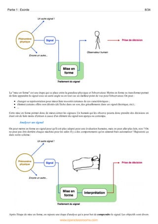 La "mise en forme" est une étape qui se place entre la grandeur physique et l'observateur. Mettre en forme ou transformer permet
de faire apparaitre le signal sous un autre angle ou en tout cas un meilleur point de vue pour l'observateur. On peut :
changer sa représentation pour mieuxfaire ressortir certaines de ces caractéristiques ;
éliminer certains effets non désirés (de l'écho dans un son, des grisaillements dans un signal électrique, etc) ;
...
Cette mise en forme permet donc de mieux cerner les signaux. Un humain qui les observe pourra donc prendre des décisions en
étant sûr de faire moins d'erreurs à cause d'un élément du signal non aperçu ou corrompu.
Analyser un signal
On peut mettre en forme un signal pour qu'il soit plus adapté pour une évaluation humaine, mais on peut aller plus loin, non ? On
ne peut pas être derrière chaque machine pour les aider. Il y a des comportements qu'on aimerait bien automatiser ! Rajoutons ça
dans notre schéma :
Après l'étape de mise en forme, on rajoute une étape d'analyse qui a pour but de comprendre le signal. Les objectifs sont divers
Partie 1 : Exorde 8/34
www.openclassrooms.com
 