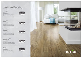 Laminate Flooring
COMMERCIAL 33
33 /AC 5
C
33
C
32
COMMERCIAL 32
32 /AC 4
C
32
COMMERCIAL 32
32 /AC 4
Loft
v
10mm
WARRANTY
30 years in domestic settings
5 years in commercial settings
Suite
v
8mm
WARRANTY
25 years in domestic settings
3 years in commercial settings
Studio
8mm
WARRANTY
25 years in domestic settings
3 years in commercial settings
Basal
8mm
WARRANTY
5 years in domestic settings
1 years in commercial settings
Advanced
v
8mm
WARRANTY
15 years in domestic settings
2 years in commercial settings
C
31
COMMERCIAL 31
31 /AC 4
C
31
COMMERCIAL 31
31 /AC 3
Luxury Flooring Concepts
TM
 