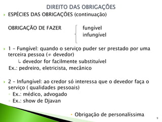    ESPÉCIES DAS OBRIGAÇÕES (continuação)

    OBRIGAÇÃO DE FAZER             fungível
                                   infungível

   1 – Fungível: quando o serviço puder ser prestado por uma
    terceira pessoa (≠ devedor)
        ↳ devedor for facilmente substituível
    Ex.: pedreiro, eletricista, mecânico

   2 – Infungível: ao credor só interessa que o devedor faça o
    serviço ( qualidades pessoais)
    ◦ Ex.: médico, advogado
    ◦ Ex.: show de Djavan

                               Obrigação de personalíssima
                                                                  9
 