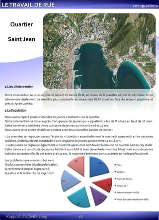 18Rapport d’activité 2009
Les quartiers
1.Lieu d’intervention
Notre intervention se situe en priorité devant les barres HLM, au niveau de la piazetta, et près du city stade. Nous
intervenons également de manière plus ponctuelle au niveau des HLM situés en face du secours populaire et
près du lycée Laetitia.
2.La Population
Nous avons repéré plusieurs bandes de jeunes « traînant » sur le quartier.
Notre intervention se situe auprès d’un groupe de jeunes qui « squattent » les HLM situés en haut de St Jean.
Cette bande est constituée d’une quinzaine de jeunes qui ont entre 16 et 25 ans.
Nous avons cette année rétablit un contact avec deux nouvelles bandes de jeunes :
- La première se regroupe devant l’école du « Loretto » essentiellement le mercredi après-midi et les vacances
scolaires.Cette bande est constituée d’une vingtaine de jeunes qui ont entre 14 et 18 ans.
- La deuxième se regroupe également le mercredi après-midi soit devant la maison de quartier soit au city stade.
Cette bande est constituée de jeunes habitant aux HLM st Jean (essentiellement des filles) mais aussi de jeunes
habitant au centre ville. Ils ont entre 13 et 17 ans, la majorité d’entre eux sont scolarisés en lycée professionnel.
Les problématiques rencontrées sont
le plus souvent liées à la déscolarisation,
la recherche d’emploi, la précarité,
la justice et la recherche de logement.
Quartier
Saint Jean
 