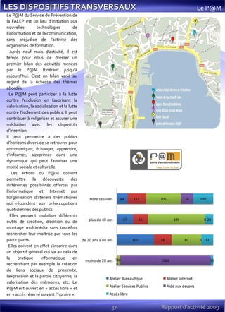 37 Rapport d’activité 2009
Le P@M
Le P@M du Service de Prévention de
la FALEP est un lieu d’initiation aux
nouvelles technologies de
l’information et de la communication,
sans préjudice de l’activité des
organismes de formation.
Après neuf mois d’activité, il est
temps pour nous de dresser un
premier bilan des activités menées
par le P@M Itinérant jusqu'à
aujourd’hui. C’est un bilan varié au
regard de la richesse des thèmes
abordés.
Le P@M peut participer à la lutte
contre l’exclusion en favorisant la
valorisation, la socialisation et la lutte
contre l’isolement des publics. Il peut
contribuer à vulgariser et assurer une
médiation avec les dispositifs
d’insertion.
Il peut permettre à des publics
d’horizons divers de se retrouver pour
communiquer, échanger, apprendre,
s’informer, s’exprimer dans une
dynamique qui peut favoriser une
mixité sociale et culturelle.
Les actions du P@M doivent
permettre la découverte des
différentes possibilités offertes par
l’informatique et Internet par
l’organisation d’ateliers thématiques
qui répondent aux préoccupations
quotidiennes des publics.
Elles peuvent mobiliser différents
outils de création, d’édition ou de
montage multimédia sans toutefois
rechercher leur maîtrise par tous les
participants.
Elles doivent en effet s’inscrire dans
un objectif général qui va au delà de
la pratique informatique en
recherchant par exemple la création
de liens sociaux de proximité,
l’expression et la parole citoyenne, la
valorisation des mémoires, etc. Le
P@M est ouvert en « accès libre » et
en « accès réservé suivant l’horaire ».
 