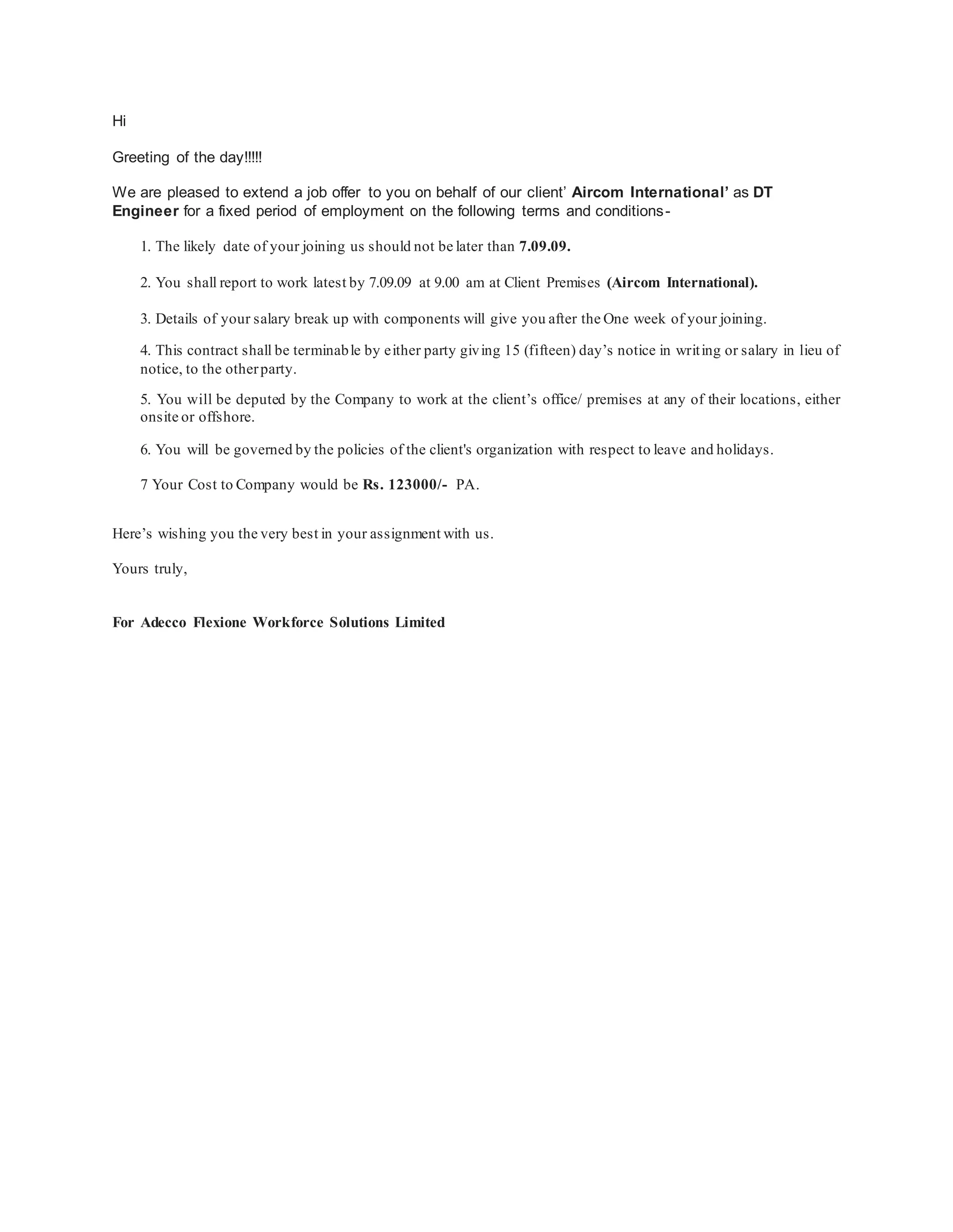 Aircom Offer Letter(Adecco) | DOCX