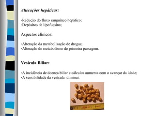 Alterações hepáticas: Redução do fluxo sanguíneo hepático; Depósitos de lipofucsina; Aspectos clínicos: Alteração da metabolização de drogas; Alteração do metabolismo de primeira passagem. Vesícula Biliar: A incidência de doença biliar e cálculos aumenta com o avançar da idade; A sensibilidade da vesícula  diminui. 