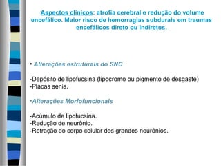 Aspectos clínicos: atrofia cerebral e redução do volume
encefálico. Maior risco de hemorragias subdurais em traumas
encefálicos direto ou indiretos.
• Alterações estruturais do SNC
-Depósito de lipofucsina (lipocromo ou pigmento de desgaste)
-Placas senis.
•Alterações Morfofuncionais
-Acúmulo de lipofucsina.
-Redução de neurônio.
-Retração do corpo celular dos grandes neurônios.
 