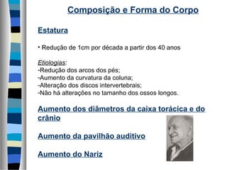 Composição e Forma do Corpo
Estatura
• Redução de 1cm por década a partir dos 40 anos
Etiologias:
-Redução dos arcos dos pés;
-Aumento da curvatura da coluna;
-Alteração dos discos intervertebrais;
-Não há alterações no tamanho dos ossos longos.
Aumento dos diâmetros da caixa torácica e do
crânio
Aumento da pavilhão auditivo
Aumento do Nariz
 