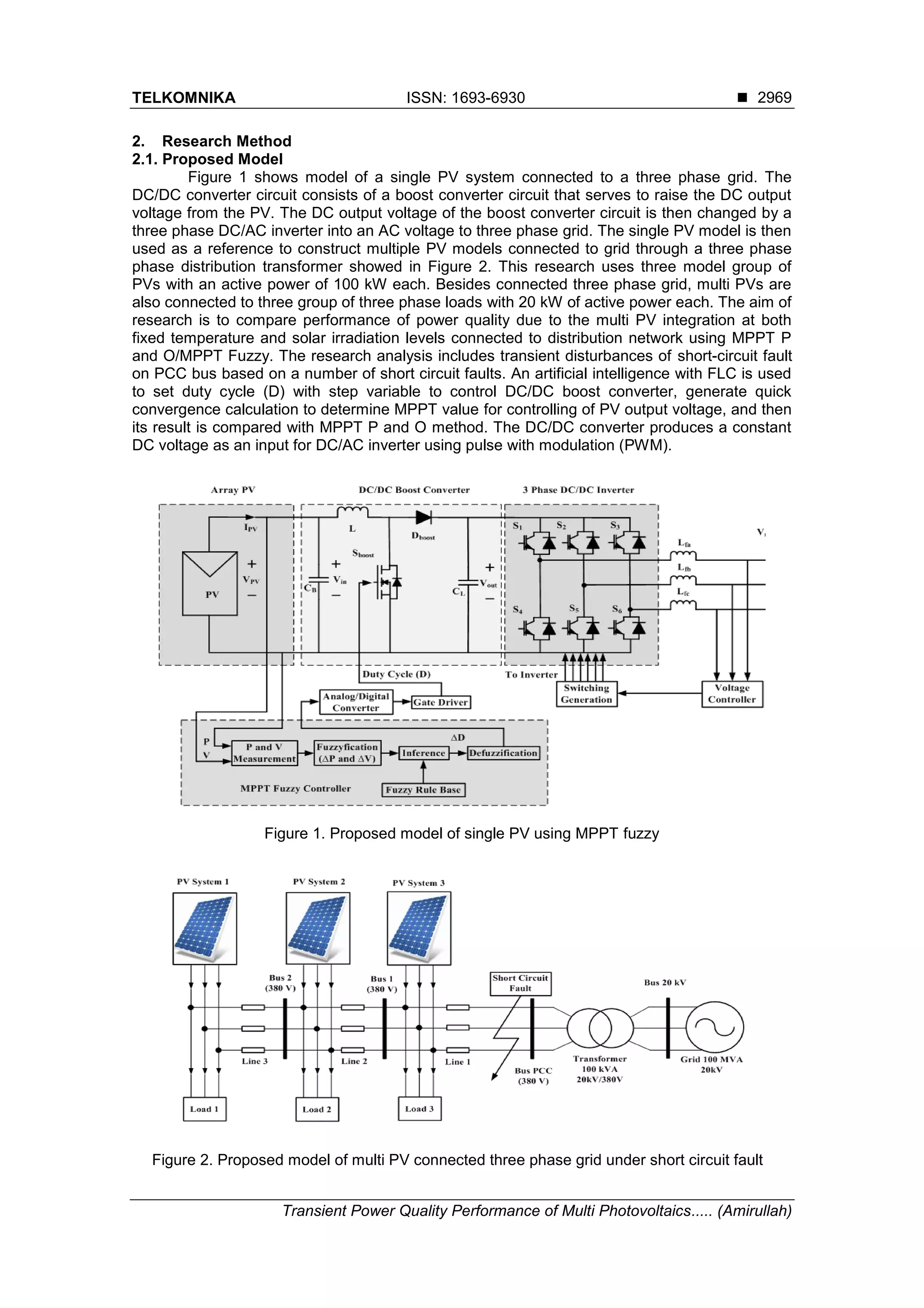 TELKOMNIKA ISSN: 1693-6930 
Transient Power Quality Performance of Multi Photovoltaics..... (Amirullah)
2969
2. Research Method
2.1. Proposed Model
Figure 1 shows model of a single PV system connected to a three phase grid. The
DC/DC converter circuit consists of a boost converter circuit that serves to raise the DC output
voltage from the PV. The DC output voltage of the boost converter circuit is then changed by a
three phase DC/AC inverter into an AC voltage to three phase grid. The single PV model is then
used as a reference to construct multiple PV models connected to grid through a three phase
phase distribution transformer showed in Figure 2. This research uses three model group of
PVs with an active power of 100 kW each. Besides connected three phase grid, multi PVs are
also connected to three group of three phase loads with 20 kW of active power each. The aim of
research is to compare performance of power quality due to the multi PV integration at both
fixed temperature and solar irradiation levels connected to distribution network using MPPT P
and O/MPPT Fuzzy. The research analysis includes transient disturbances of short-circuit fault
on PCC bus based on a number of short circuit faults. An artificial intelligence with FLC is used
to set duty cycle (D) with step variable to control DC/DC boost converter, generate quick
convergence calculation to determine MPPT value for controlling of PV output voltage, and then
its result is compared with MPPT P and O method. The DC/DC converter produces a constant
DC voltage as an input for DC/AC inverter using pulse with modulation (PWM).
Figure 1. Proposed model of single PV using MPPT fuzzy
Figure 2. Proposed model of multi PV connected three phase grid under short circuit fault
 