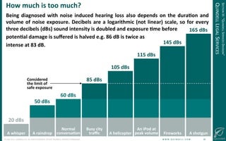 !
©!JUNE!2014!–!QUINDELL!PLC.!ALL!RIGHTS!RESERVED.!DO!NOT!DISTRIBUTE!WITHOUT!PERMISSION. ! !W!W!W!.!Q!U!I!N!D!E!L!L!.!C!O!M!!!!!!!!!!!!!!!!!!!!!!!!!!30!
Being(diagnosed(with(noise(induced(hearing(loss(also(depends(on(the(dura-on(and(
volume(of(noise(exposure.(Decibels(are(a(logarithmic((not(linear)(scale,(so(for(every(
three(decibels((dBs)(sound(intensity(is(doubled(and(exposure(-me(before((
poten-al(damage(is(suﬀered(is(halved(e.g.(86(dB(is(twice(as(
intense(at(83(dB.(!
How(much(is(too(much?(
A(whisper(
Busy(city(
traﬃc( A(helicopter(
An(iPod(at(
peak(volume( Fireworks( A(shotgun(A(raindrop(
Normal(
conversa-on(
20(dBs(
165(dBs(
145(dBs(
115(dBs(
105(dBs(
85(dBs(
60(dBs(
50(dBs(
Considered(
the(limit(of(
safe(exposure(
SECTION!III:!“QUINDELL!SERVICES!DIVISION”!
QUINDELL!LEGAL!SERVICES!
 