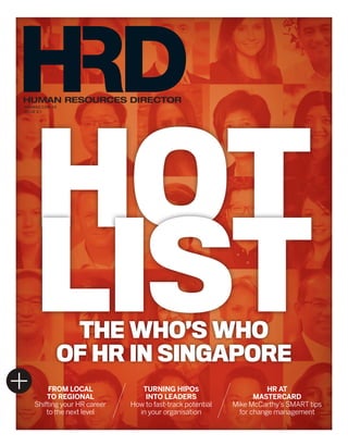HRDMAG.COM.SG
ISSUE 2.1
HUMAN RESOURCES DIRECTOR
THE WHO’S WHO
OF HR IN SINGAPORE
HR AT
MASTERCARD
Mike McCarthy’s SMART tips
for change management
TURNING HIPOS
INTO LEADERS
How to fast-track potential
in your organisation
FROM LOCAL
TO REGIONAL
Shifting your HR career
to the next level
HOT
LIST
HRDSing2.1_Cover+spine_SUBBED.indd 2 14/03/2016 6:50:07 AM
 