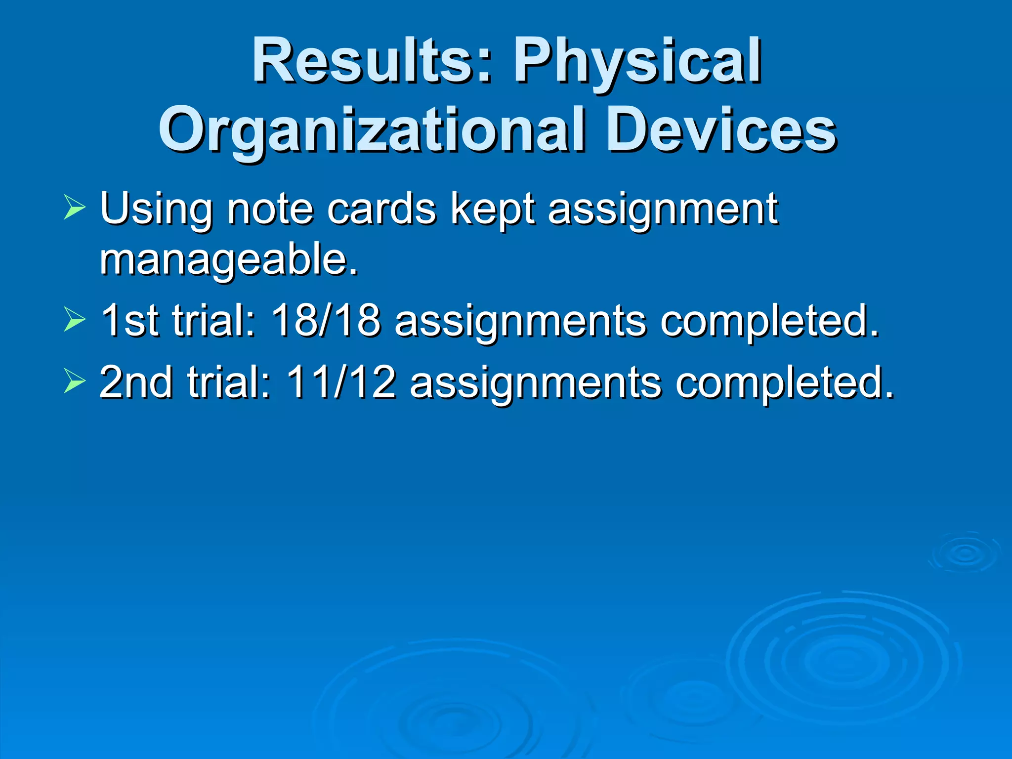 Results: Physical Organizational Devices  Using note cards kept assignment manageable. 1st trial: 18/18 assignments completed. 2nd trial: 11/12 assignments completed. 