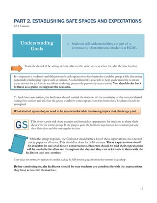 13
“
No
thi
ng
im
por
tan
t
com
es
wit
h
inst
ruc
tio
ns.
” –
Ja
mes
Ric
har
dso
nk
PART 2. ESTABLISHING SAFE SPACES AND EXPECTATIONS
10-15 minutes
Students should all be sitting at their tables in the same seats as when they did their ice breaker.
It is imperative students establish protocols and expectations for themselves and the group while discussing
potentially challenging topics such as culture. As a facilitator it is your job to help guide students to create
expectations for each other to adhere to during potentially personal conversations. You should refer back
to these as a guide throughout the sessions.
To lead this conversation, the facilitator should remind the students of the sensitivityof the material shared
during this session and ask that the group establish some expectations for themselves. Students should be
prompted:
What kind of space do you need to be most comfortable discussing topics that challenge you?
This is not a pair and share exercise and instead an opportunity for students to share their
ideas with the entire group. If the group is quiet, the facilitator may choose to have students pair and
share their ideas and then come together to share
.
While the group responds, the facilitator should write a list of these expectations on a sheet of
sticky paper for all to see. This should be done for 5-10 minutes. These expectations should
be available for use at all future conversations. Students should be told their expectations
will be available for all to see throughout the day and they can refer back to them with the
facilitator and one another.
Some ideas for norms are: respect one another’s ideas, be fully present, pay attentionwhen someone is speaking
Before continuing on, the facilitator should be sure students are comfortable with the expectations
they have set out for themselves.
Understanding
Goals
o Students will understand they are part of a
community ofinternationalstudents at HGSE.
 