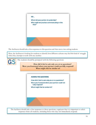 16
The facilitator should take a few responses to this question and then move into asking students
Here, the facilitator is looking for students to identify how different cultures may feel this kind of struggle
when they attempt to work with one another.
The students should be prompted with the following questions:
How did it feel to ask only yes or no questions?
Were you frustrated when your partner could not fully respond?
What might this be similar to?
The faciliator should take a few responses to these questions, cognizant that it is important to solicit
responses from all students, including those who may not immediately respond.
 
