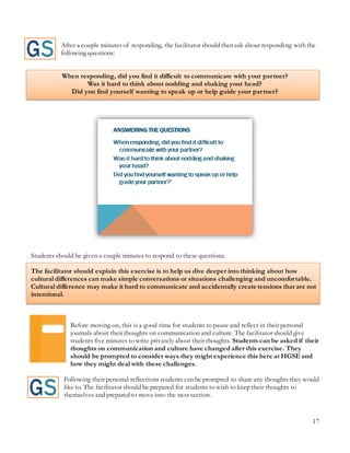17
After a couple minutes of responding, the facilitator should then ask about responding with the
following questions:
When responding, did you find it difficult to communicate with your partner?
Was it hard to think about nodding and shaking your head?
Did you find yourself wanting to speak up or help guide your partner?
Students should be given a couple minutes to respond to these questions.
The facilitator should explain this exercise is to help us dive deeper into thinking about how
cultural differences can make simple conversations or situations challenging and uncomfortable.
Cultural difference may make it hard to communicate and accidentally create tensions that are not
intentional.
Before moving on, this is a good time for students to pause and reflect in their personal
journals about their thoughts on communication and culture. The facilitator should give
students five minutes to write privately about their thoughts. Students can be asked if their
thoughts on communication and culture have changed after this exercise. They
should be prompted to consider ways they might experience this here at HGSE and
how they might deal with these challenges.
Following their personal reflections students can be prompted to share any thoughts they would
like to. The facilitator should be prepared for students to wish to keep their thoughts to
themselves and prepared to move into the next section.
 