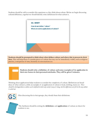 18
Students should be told to consider this experience as they think about culture. Before we begin discussing
cultural difference, together we should identify some definitions for what culture is.
Students should be prompted to think about what defines culture and where this is present in their
lives. This will help them to consider pieces of culture that may not be immediately visible, such as religious
practice, conceptions of time, hierarchy in conversations ect.
Students should write a definition of culture and some examples of its application in
their own homes in their personal notebooks. They will be given 5 minutes.
Thinking about applications helps students to consider the complexity of culture. Definitions are broad
ideas of what culture is, while an example of an application of culture is food, clothing, music ect. These
should be distinguished as culture can be defined to label any society’sway of being, but the differencesare felt in the way culture
is acted out.
After discussing this in their groups, they should share their definitions.
The facilitator should be writing the definitions and applications of culture on sheets for
students to see.
 