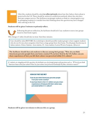 23
Care should be taken BEFORE the workshop to identify possible student groups to best support students
who do not fit into clear categories/don’t have a large group from their home. Possiblegroups that form may be
Indian students, Chinese Students, Asianstudents, SE Asian students, Eastern/Western European, African ect.
The facilitator should then ask students to discuss among their groups, "How do you think
Americans perceive people from your home country? If you have lived in the U.S. before can you
share experiencesof how you felt their culture was perceived within U.S. culture?
After this, students should be asked to reflect privately about how they believe their culture is
perceived in the U.S. These should be written in a reflection notebook where they also have
their pre-campus surveys. The facilitator can prompt students to think in a metacognitive way
by prompting students to consider how their thinking about this question may have changed
since arriving in the U.S.
Students will be given 5 minutes to privately reflect.
Following this private reflection, the facilitator should ask if any students to move into groups
based on their home region.
This change of tables should take no more than three minutes.
If students are struggling with this question, the facilitator can also prompt groups withquestionssuch as, “What do you think
Americans know about your culture? How has your culture been perceived historically? In films, television or music?”
Students will be given ten minutes to discuss this as a group.
 