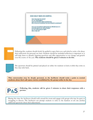 27
This conversation may be deeply personal, so the facilitator should make a point to remind
students about their safe space norms established by the group earlier in the day.
Following this, students should slowly be guided to open their eyes and asked to write a bit about
their reflections for personal use later. Students should be reminded reflection is important as it
will help them to identify lingering questions and offer opportunities to see change and growth
over the course of the year. The students should be given 5 minutes to do this.
The questions should be printed and placed on tables for students to look at while they write so
they may refer back.
Following this, students will be given 5 minutes to share their responses with a
partner.
During this time the facilitator should walk around the room and engage with groups who may be quiet or
struggling to discuss. The facilitator can prompt students to refer to the handout or ask one another
additional questions about their adjustments.
 