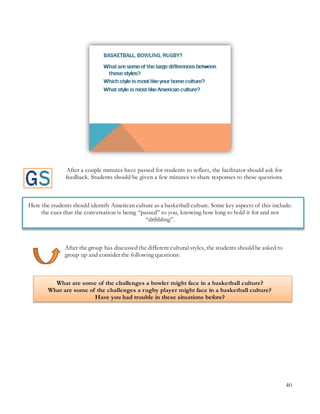 40
After a couple minutes have passed for students to reflect, the facilitator should ask for
feedback. Students should be given a few minutes to share responses to these questions.
Here the students should identify American culture as a basketball culture. Some key aspects of this include:
the cues that the conversation is being “passed” to you, knowing how long to hold it for and not
“dribbling”.
After the group has discussed the different cultural styles, the students should be asked to
group up and consider the following questions:
What are some of the challenges a bowler might face in a basketball culture?
What are some of the challenges a rugby player might face in a basketball culture?
Have you had trouble in these situations before?
 