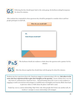48
Following this they should report back to the entire group, the facilitator asking for responses
for about five minutes.
After students have responded to these questions they should be prompted to consider what is and how
people participate in small talk.
How do you small talk?
The facilitator should ask students to think about this question with a partner for five
minutes.
After they discuss together they should share with the group for about five minutes.
Students may have questions about why Americans engage in communicating in this way. Ask others in the
room who have experienced this to give their thoughts on the question. Assure students this is not the
only form of communication Americans have... Instead learning about this is just to assist students in
engaging in small conversations with strangers to establish more meaningful conversations. Refer them back
to previous videos to think about the places small talk is used.
Family Guy- not in a serious relationship, Pulp Fiction: only when people don’t know one another well, the
hairdresser: attempts to create relationships with strangers
 