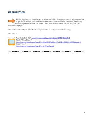 8
PREPARATION
Ideally, the classroom should be set up with round tables for students to speak with one another
at, preferably with six students to a table so students are seated facing a projector for viewing
clips throughout the session, but also in a semi circle so students will be able to look at one
another as they speak.
The facilitator should pull up the YouTube clips in order so easily accessible for viewing.
The order is:
Mean Girls, 1:20-2:24 https://www.youtube.com/watch?v=lRZ172XMLCQ
HBSC “Wrong Flowers”
https://www.youtube.com/watch?v=8jrbu0lCWjk&list=PLAA214B8BE9016835&index=3
HSBC “Eels”
https://www.youtube.com/watch?v=6_WAmt3cMdk
 