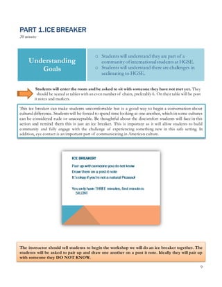 9
PART 1.ICE BREAKER
20 minutes
Students will enter the room and be asked to sit with someone they have not met yet. They
should be seated at tables with an even number of chairs, preferably 6. On their table will be post
it notes and markers.
This ice breaker can make students uncomfortable but is a good way to begin a conversation about
cultural difference. Students will be forced to spend time looking at one another, which in some cultures
can be considered rude or unacceptable. Be thoughtful about the discomfort students will face in this
action and remind them this is just an ice breaker. This is important as it will allow students to build
community and fully engage with the challenge of experiencing something new in this safe setting. In
addition, eye contact is an important part of communicating in American culture.
The instructor should tell students to begin the workshop we will do an ice breaker together. The
students will be asked to pair up and draw one another on a post it note. Ideally they will pair up
with someone they DO NOT KNOW.
Understanding
Goals
o Students will understand they are part of a
community ofinternationalstudents at HGSE.
o Students will understand there are challenges in
acclimating to HGSE.
 