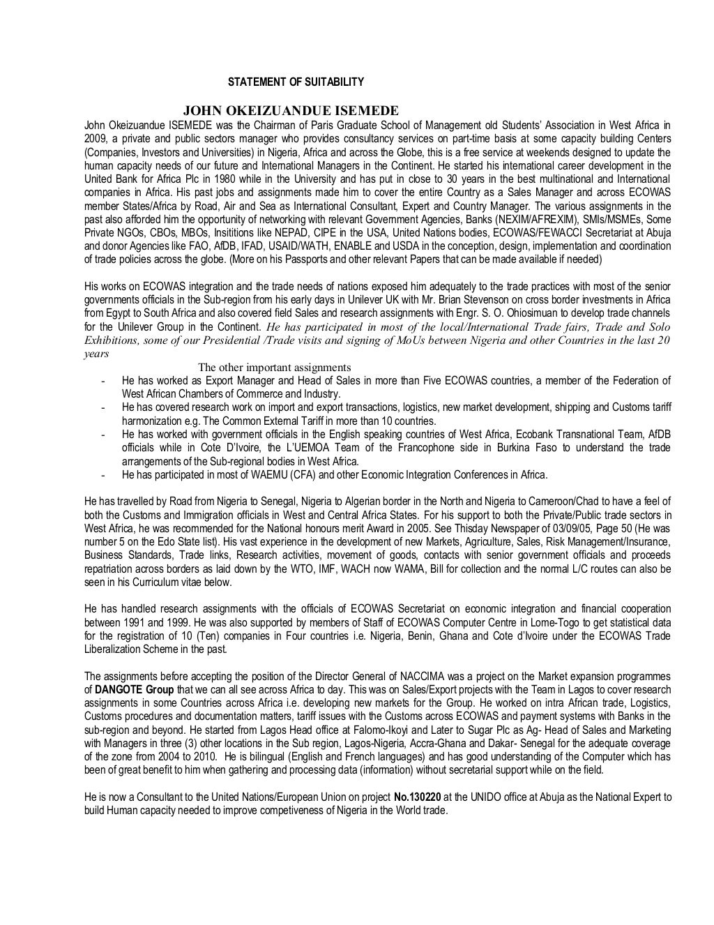 STATEMENT OF SUITABILITY