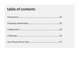 table of contents
Introduction ........................................................................................03
Changing relationships................................................................... 04
Collaboration.......................................................................................05
Challenges............................................................................................06
How Phocas BI can help ..................................................................07
 